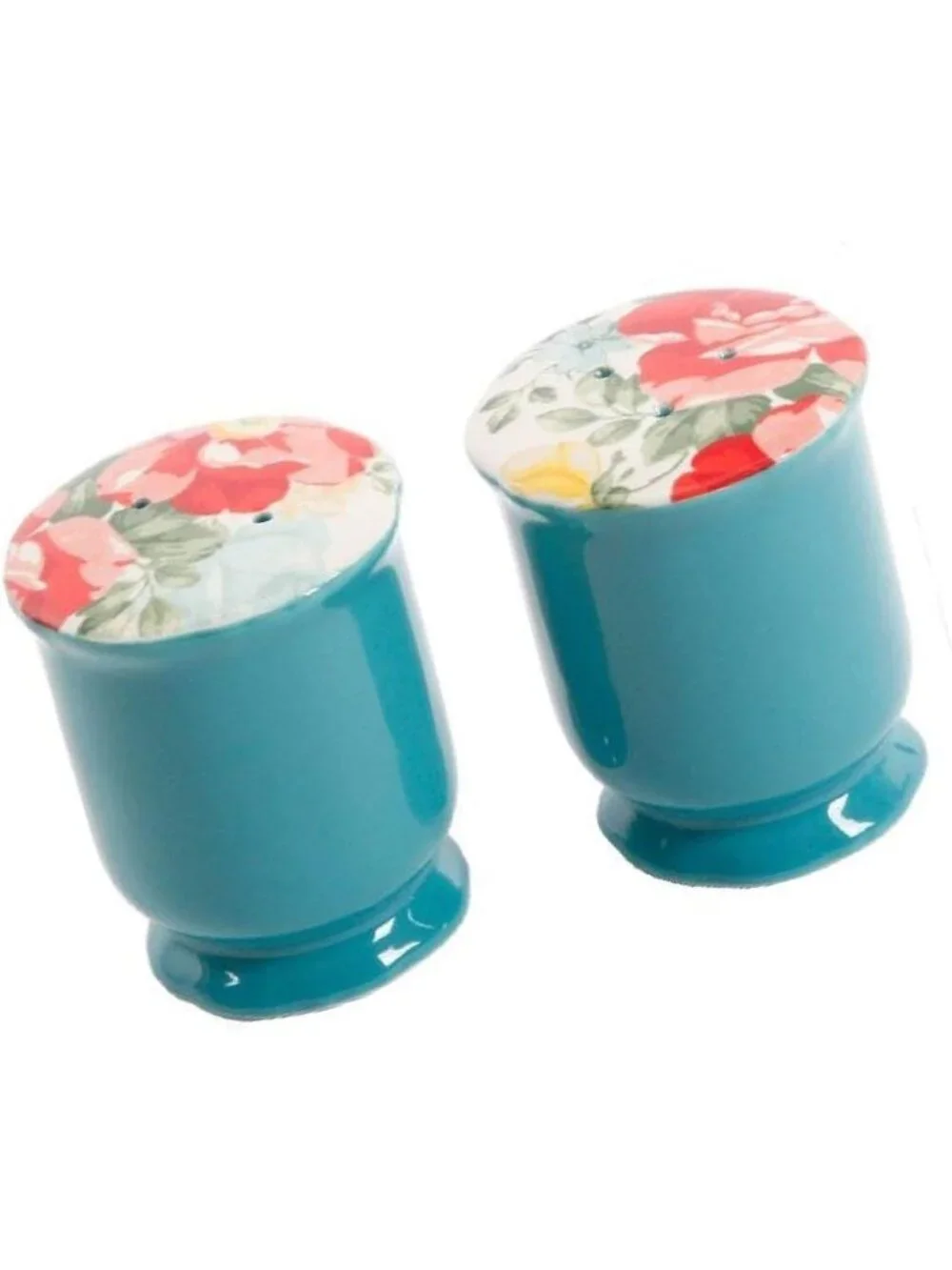 The Woman Pioneer Home White Teal Vintage Floral Ceramic Salt Pepper Shaker Set
